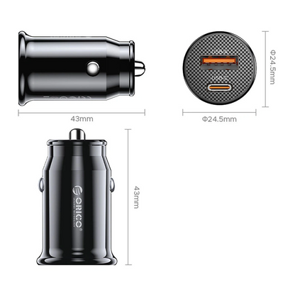 Incarcator Auto Orico PowerMini, 30W, 3A, 1 x USB-A - 1 x USB-C, Negru