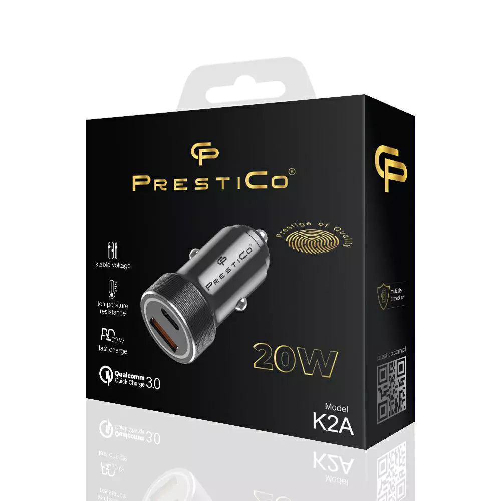 Incarcator Auto Prestico K2A, 20W, 3A, 1 x USB-A - 1 x USB-C, Negru