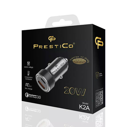 Incarcator Auto Prestico K2A, 20W, 3A, 1 x USB-A - 1 x USB-C, Negru