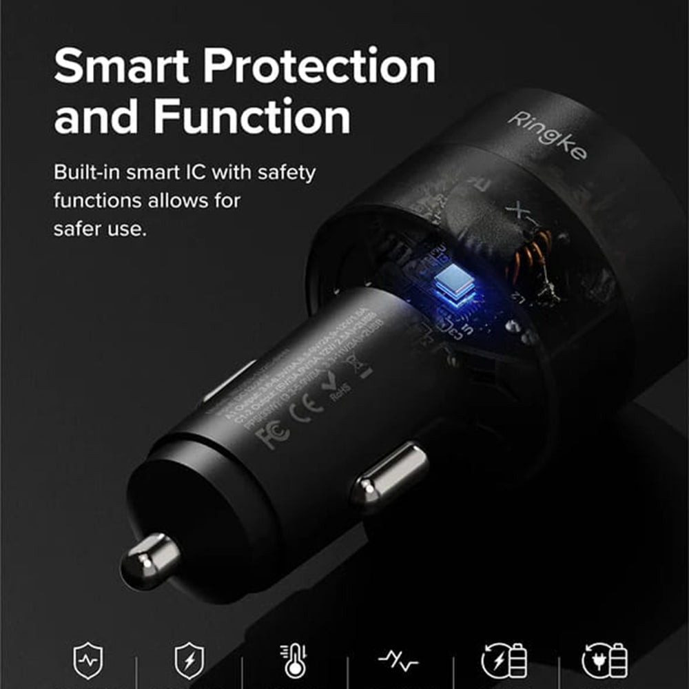 Incarcator Auto Ringke, 30W, 3A, 1 x USB-A - 2 x USB-C, Negru