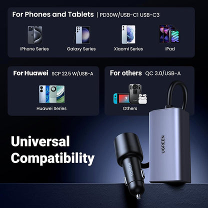 Incarcator Auto UGREEN EC706, 150W, 5A, 1 x USB-A - 3 x USB-C, Negru