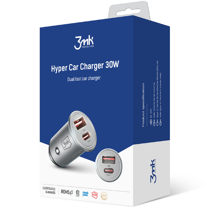 Ładowarka samochodowa 3MK HyperCharger, 30W, 5A, 1 x USB-A - 1 x USB-C, srebrna