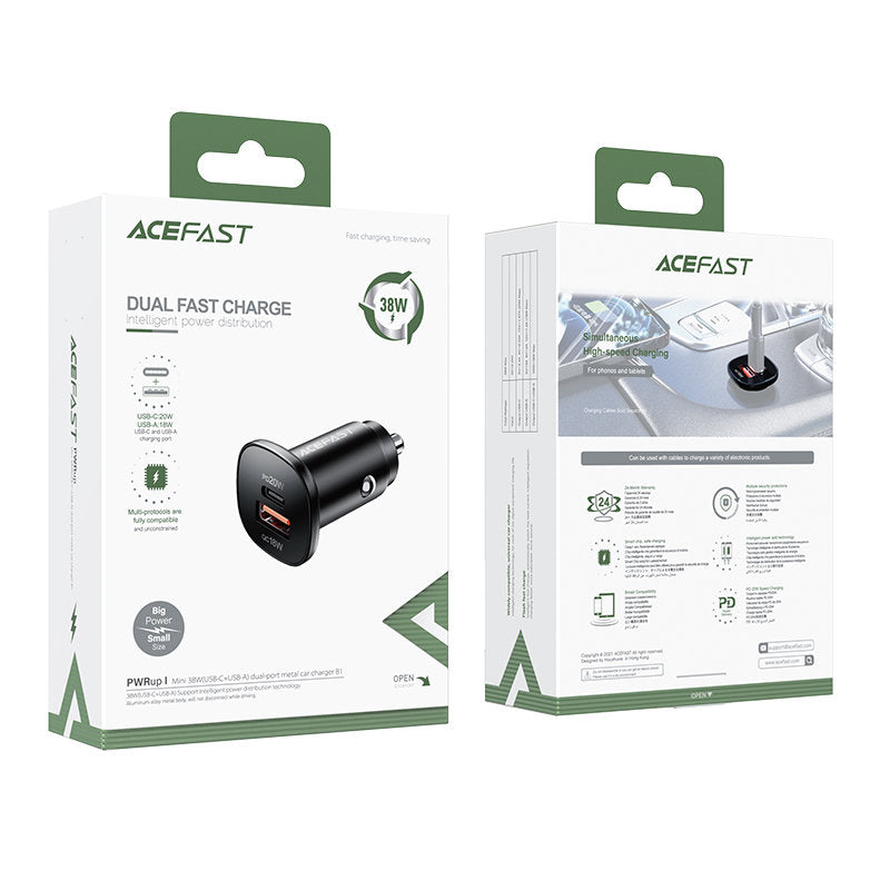 Incarcator Auto Acefast B1, 38W, 3A, 1 x USB-A - 1 x USB-C, Negru