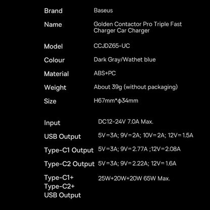 Ładowarka samochodowa Baseus Golden Contactor Pro, 65W, 3A, 1 x USB-A - 2 x USB-C, szara CGJP010013