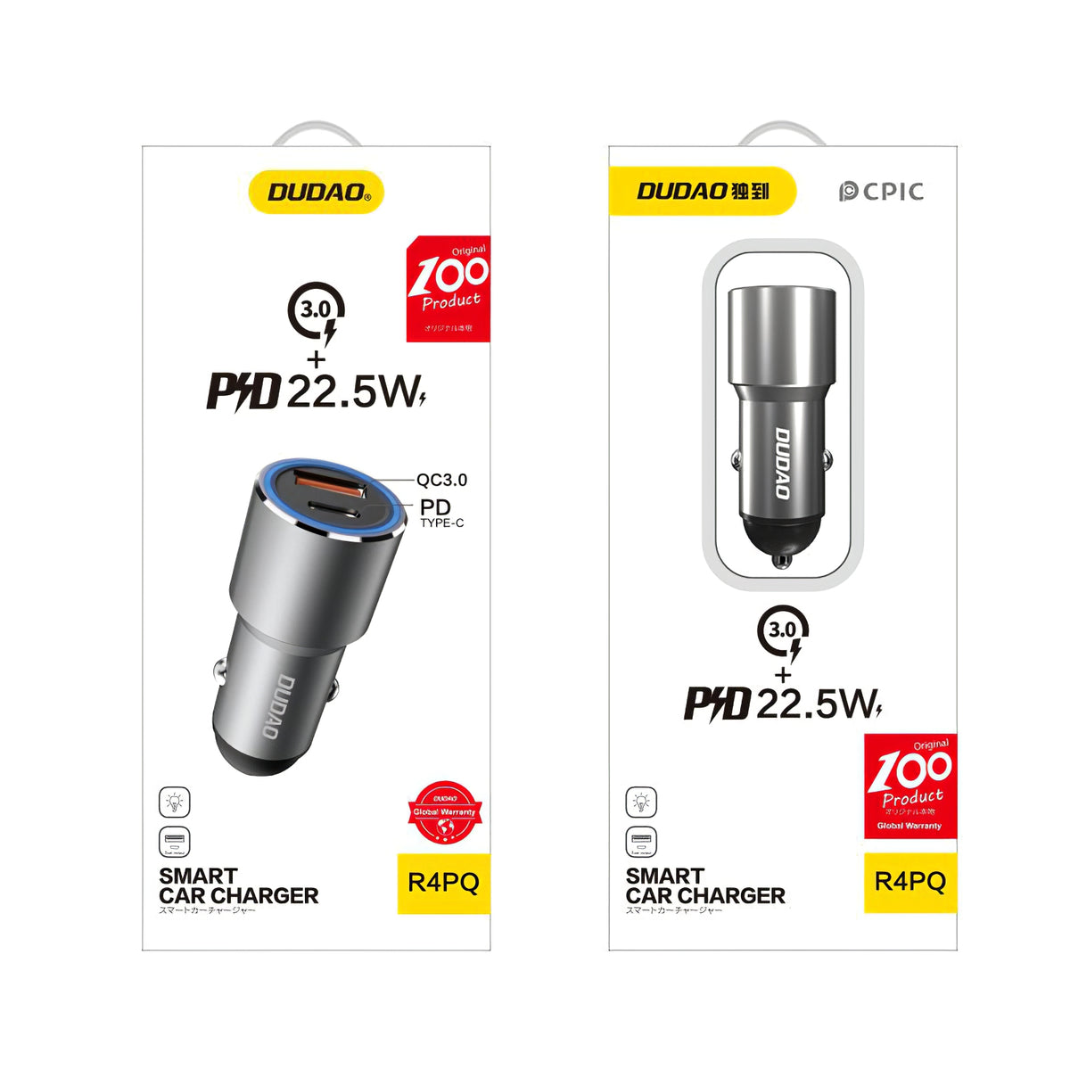 Incarcator Auto Dudao R4PQ, 22.5W, 3A, 1 x USB-A - 1 x USB-C, Gri