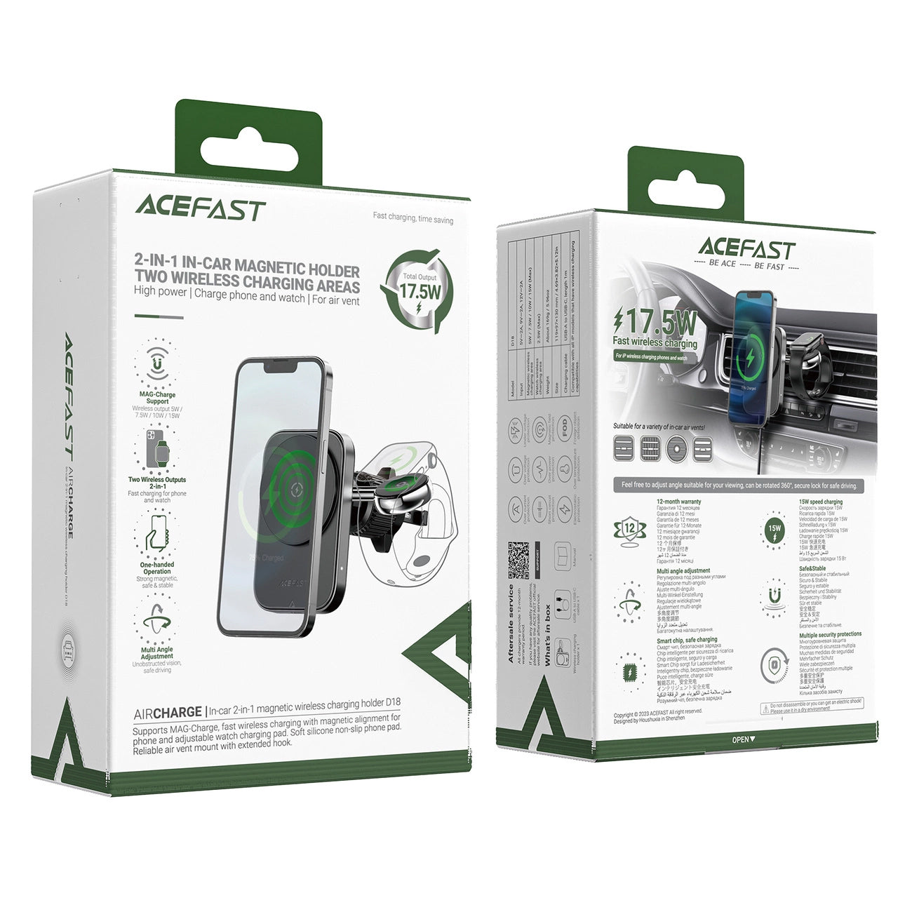 Incarcator Auto Wireless Acefast D18 2in1, 15W, 1.67A, Negru