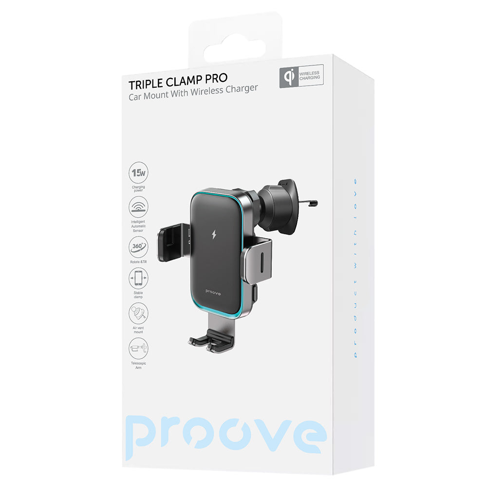 Incarcator Auto Wireless Proove Triple Clamp Pro, 15W, 1.67A, Gri WHTP15010004