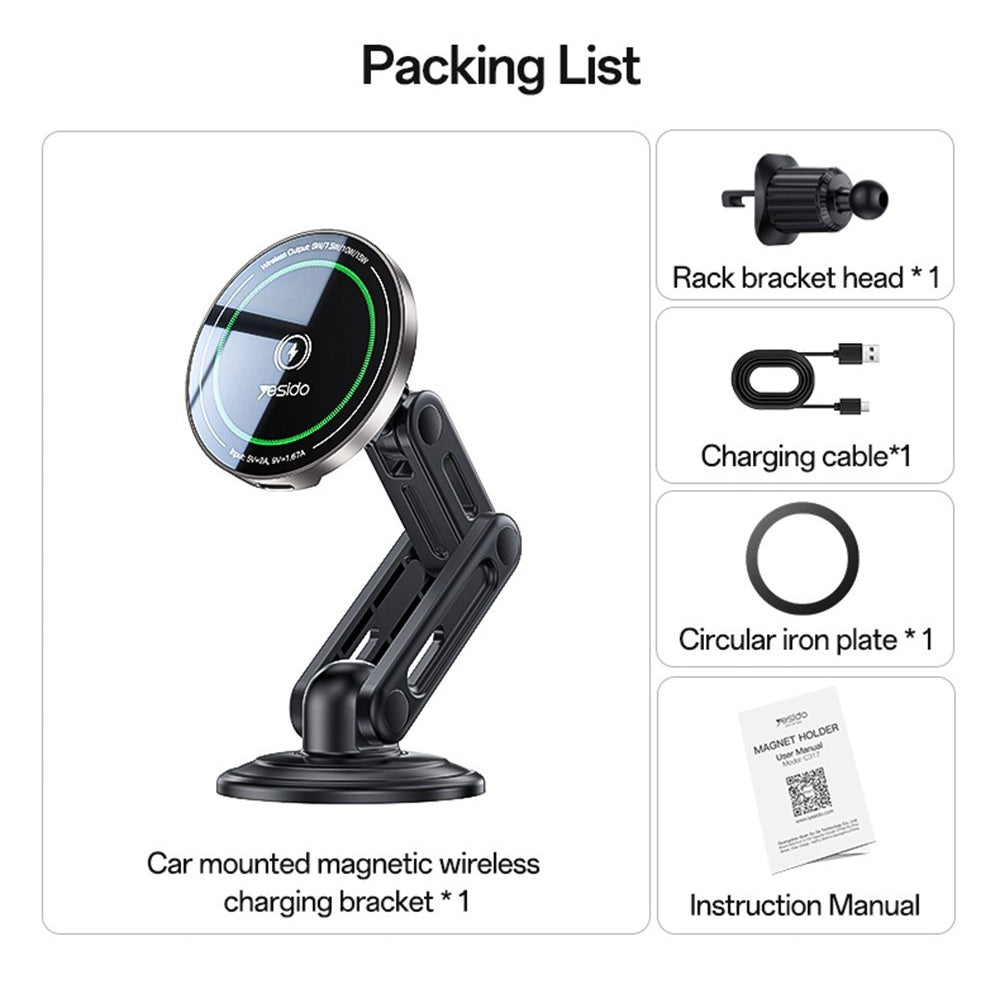 Incarcator Auto Wireless Yesido C317, 15W, 1.67A, Negru