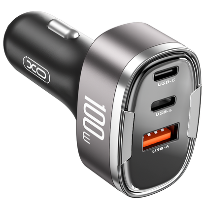 Incarcator Auto XO Design CC61, 100W, 3A, 1 x Lightning - 1 x USB-A - 1 x USB-C, Gri