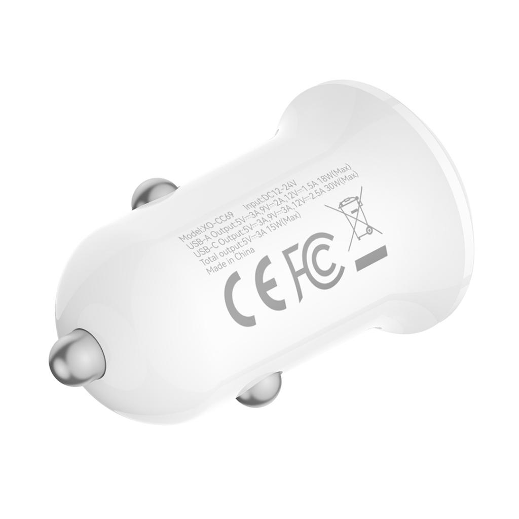 Incarcator Auto XO Design CC69, 30W, 3A, 1 x USB-A - 1 x USB-C, Alb