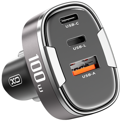 Incarcator Auto XO Design CC61, 100W, 3A, 1 x Lightning - 1 x USB-A - 1 x USB-C, Gri