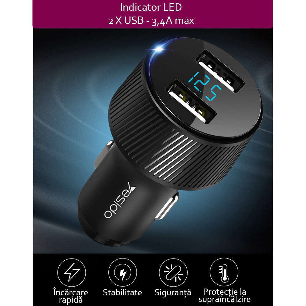 Incarcator Auto Yesido Y31 Display, 18W, 3A, 2 x USB-A, Negru