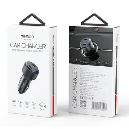Incarcator Auto Yesido Y48, 60W, 3A, 2 x USB-C, Negru