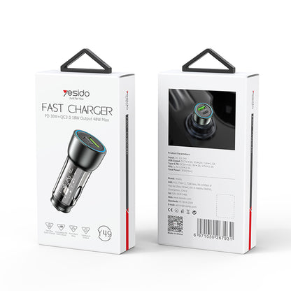 Incarcator Auto Yesido Y49, 30W, 3A, 1 x USB-A - 1 x USB-C, Gri