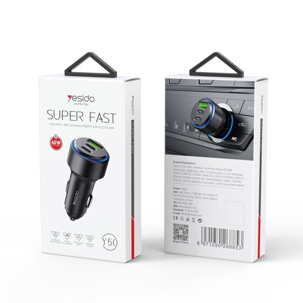 Incarcator Auto Yesido Y50, 60W, 3A, 1 x USB-A - 2 x USB-C, Negru