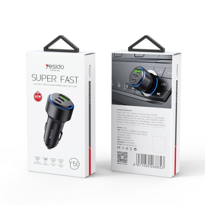 Incarcator Auto Yesido Y50, 60W, 3A, 1 x USB-A - 2 x USB-C, Negru