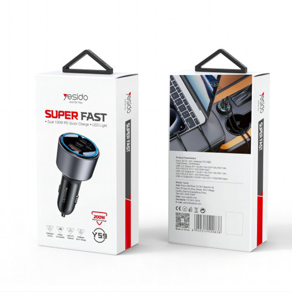 Incarcator Auto Yesido Y59, 200W, 5A, 1 x USB-A - 2 x USB-C, Negru