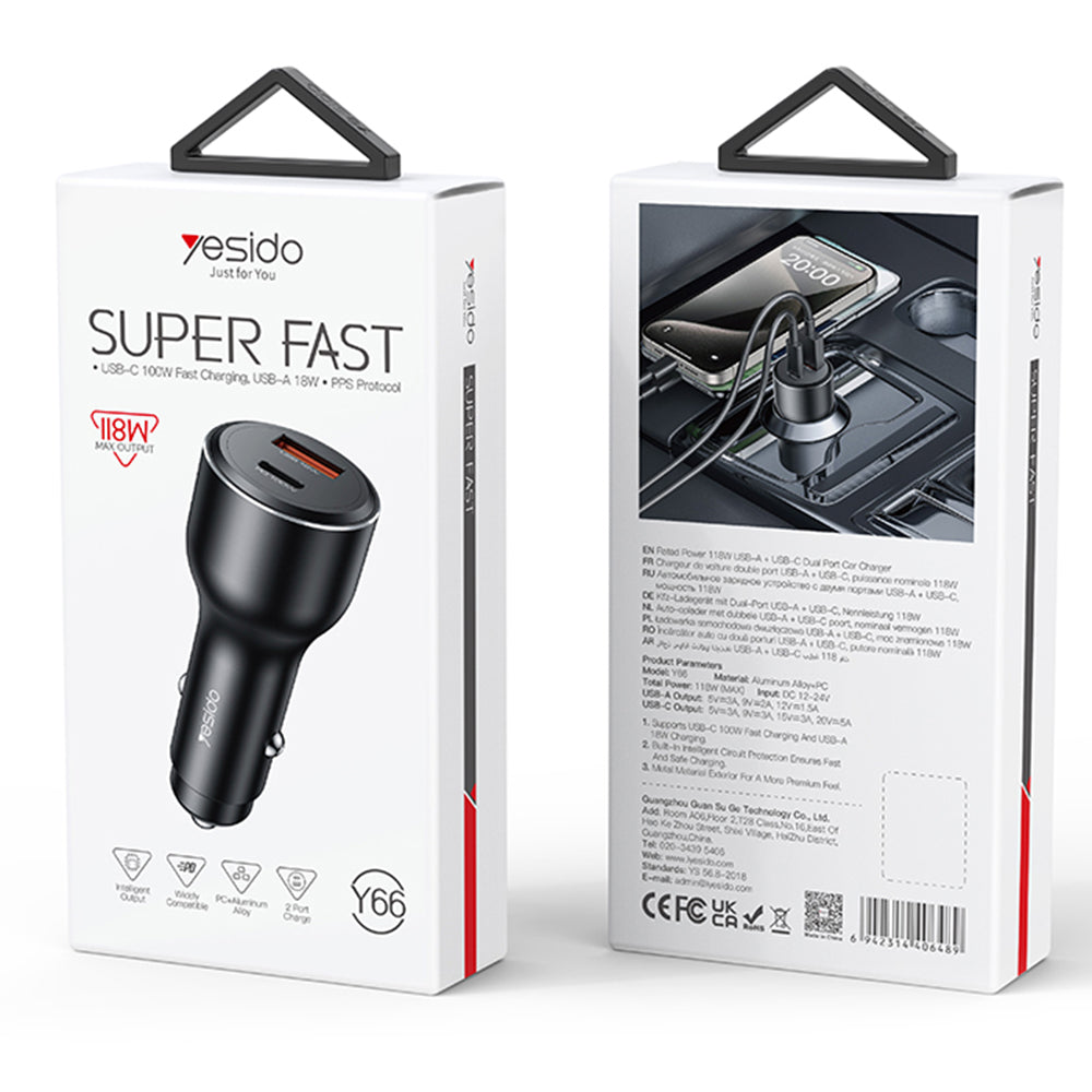 Incarcator Auto Yesido Y65, 100W, 5A, 1 x USB-A - 1 x USB-C, Negru