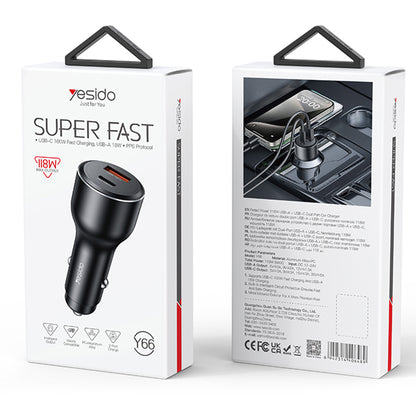 Incarcator Auto Yesido Y65, 100W, 5A, 1 x USB-A - 1 x USB-C, Negru