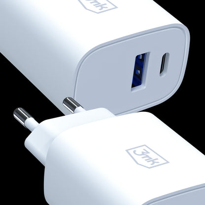 Incarcator Retea 3MK FlowPower, 25W, 1 x USB-A - 1 x USB-C, Alb