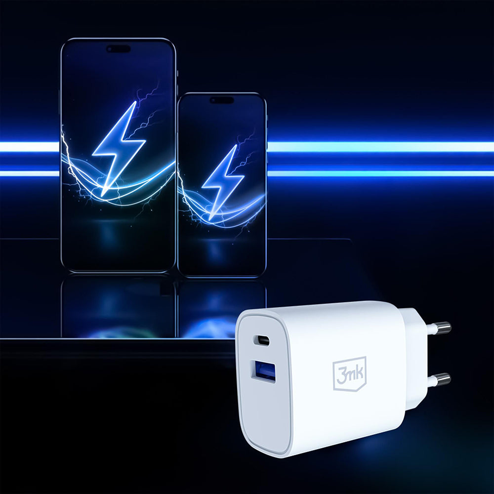 Incarcator Retea 3MK FlowPower, 25W, 1 x USB-A - 1 x USB-C, Alb