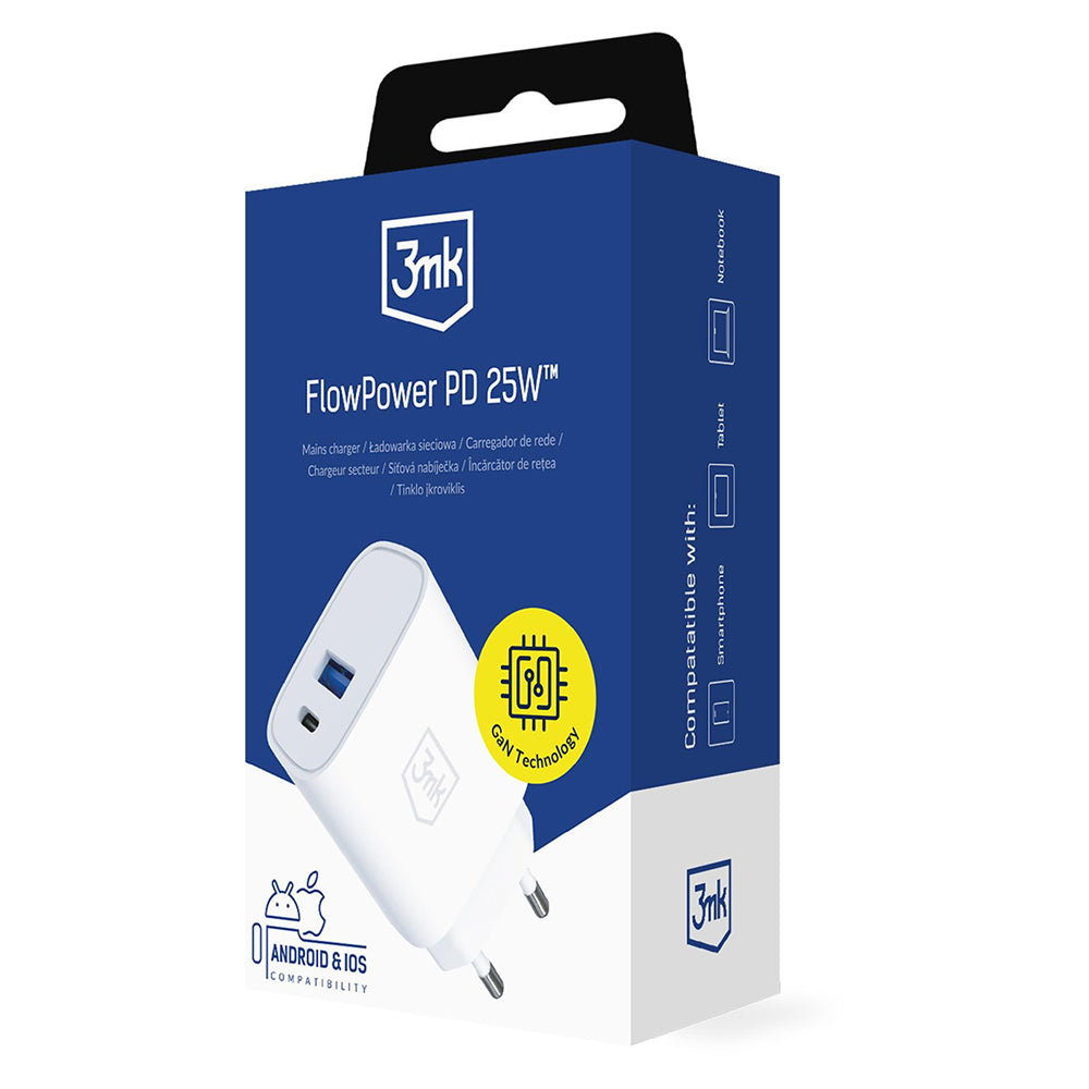 Incarcator Retea 3MK FlowPower, 25W, 1 x USB-A - 1 x USB-C, Alb