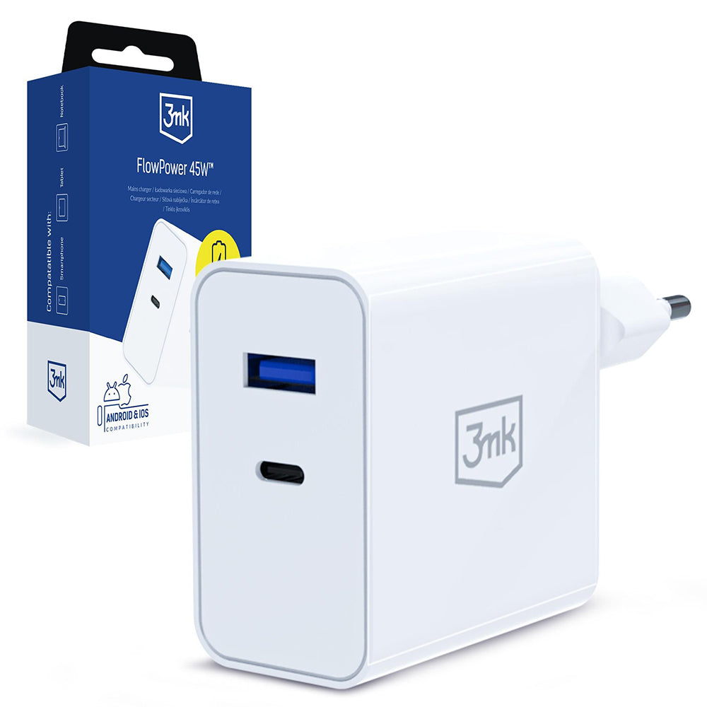 Incarcator Retea 3MK FlowPower, 45W, 1 x USB-A - 1 x USB-C, Alb