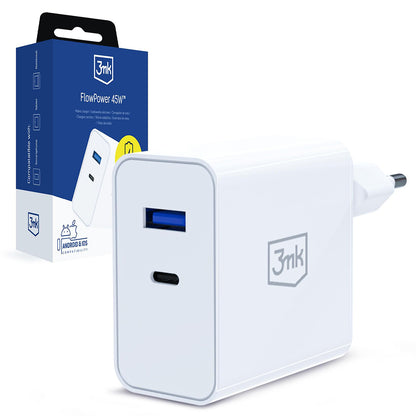 Incarcator Retea 3MK FlowPower, 45W, 1 x USB-A - 1 x USB-C, Alb