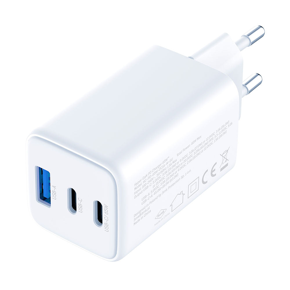 Incarcator Retea 3MK Hyper, 65W, 3.25A, 1 x USB-A - 2 x USB-C, Alb
