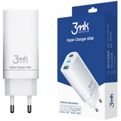 Incarcator Retea 3MK HyperCharger, 65W, 5A, 1 x USB-A - 2 x USB-C, Alb