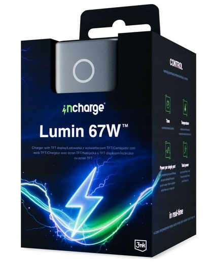 Incarcator Retea 3MK InCharge Lumin Display, 67W, 5A, 1 x USB-A - 2 x USB-C, Negru