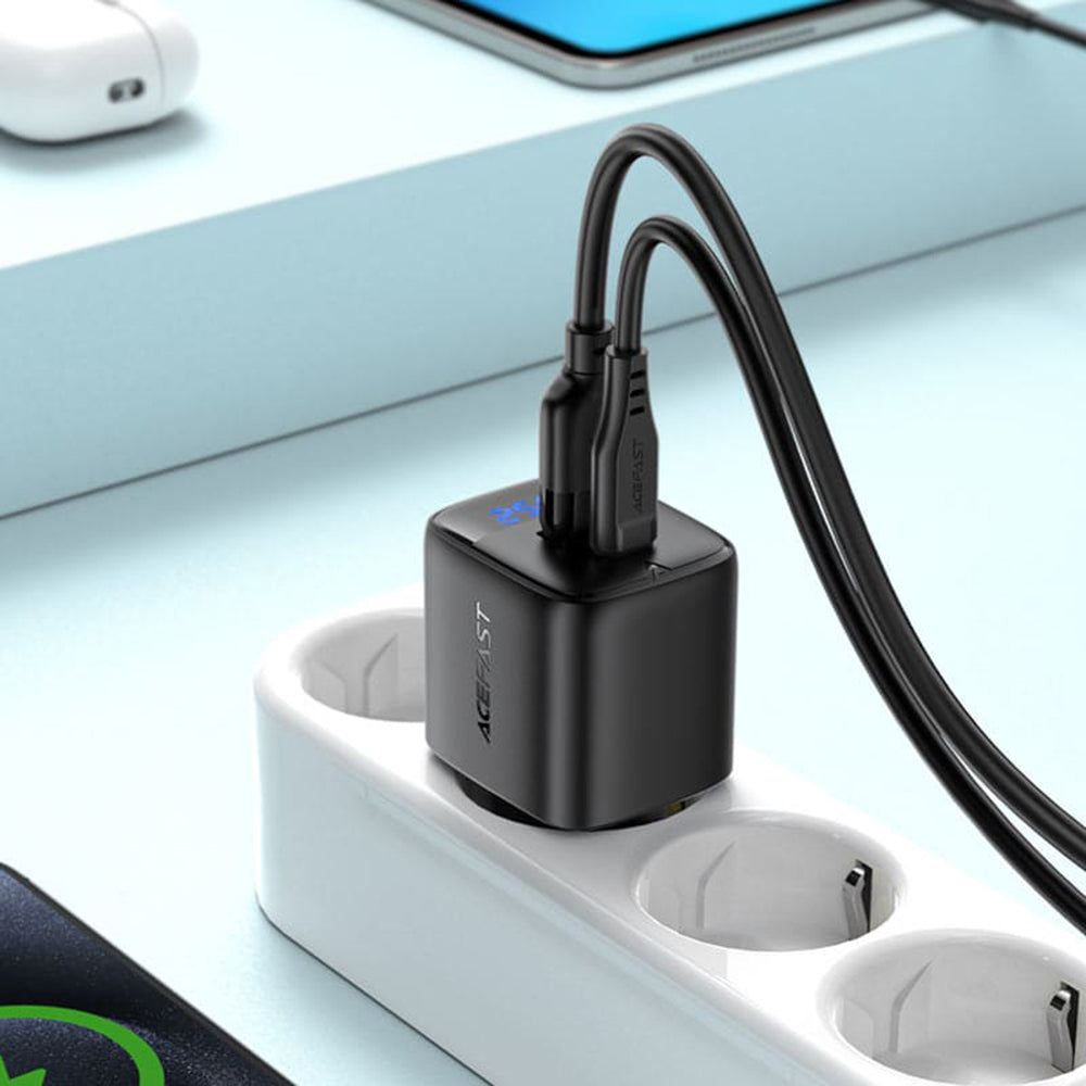 Incarcator Retea Acefast A114 Display, 25W, 3A, 1 x USB-A - 1 x USB-C, Negru