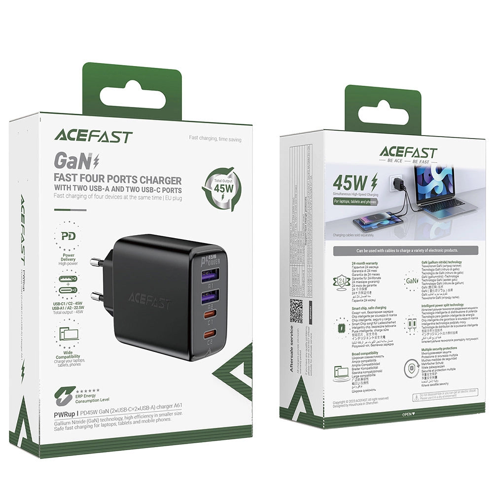 Incarcator Retea Acefast A61, 45W, 3A, 2 x USB-A - 2 x USB-C, Negru