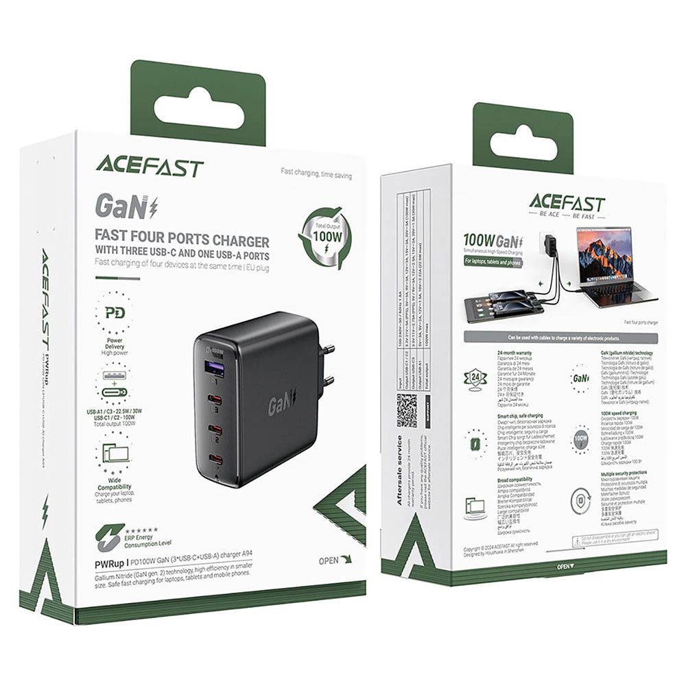 Incarcator Retea Acefast A94, 100W, 5A, 1 x USB-A - 3 x USB-C, Negru
