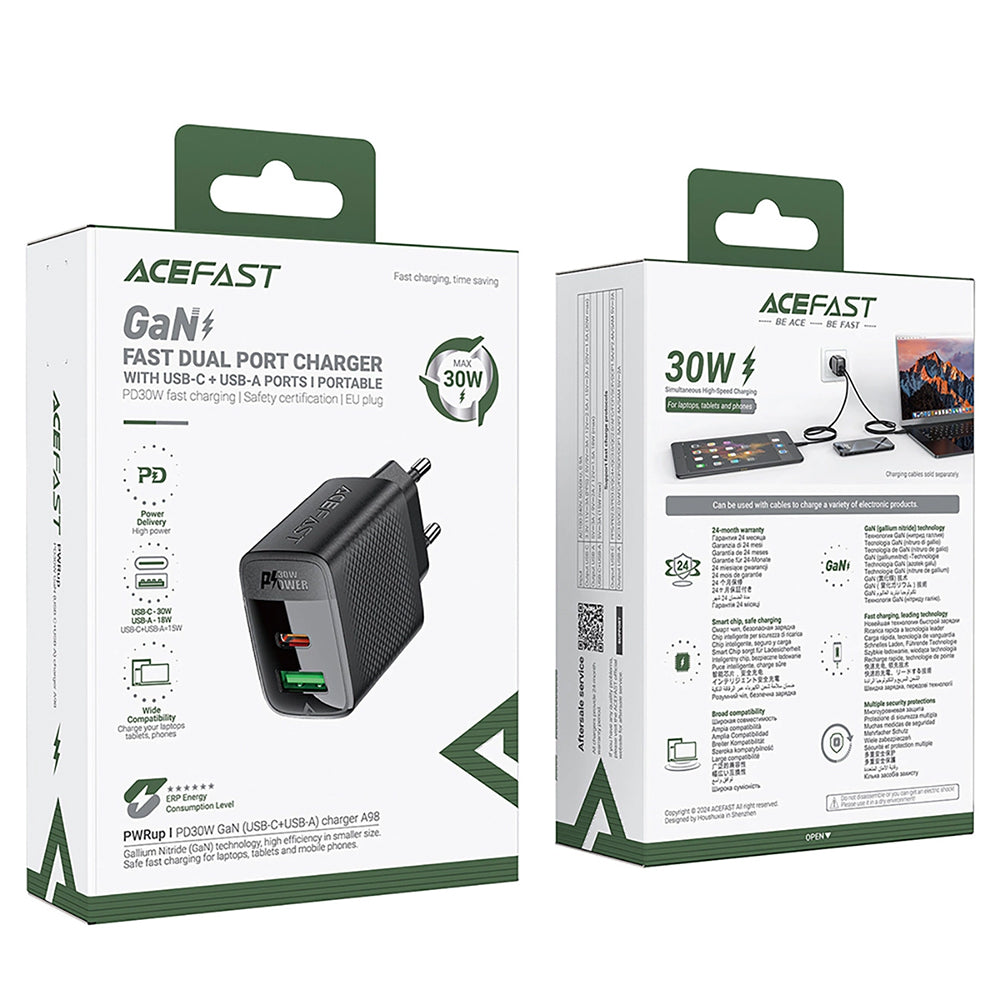 Incarcator Retea Acefast A98, 30W, 3A, 1 x USB-A - 1 x USB-C, Negru