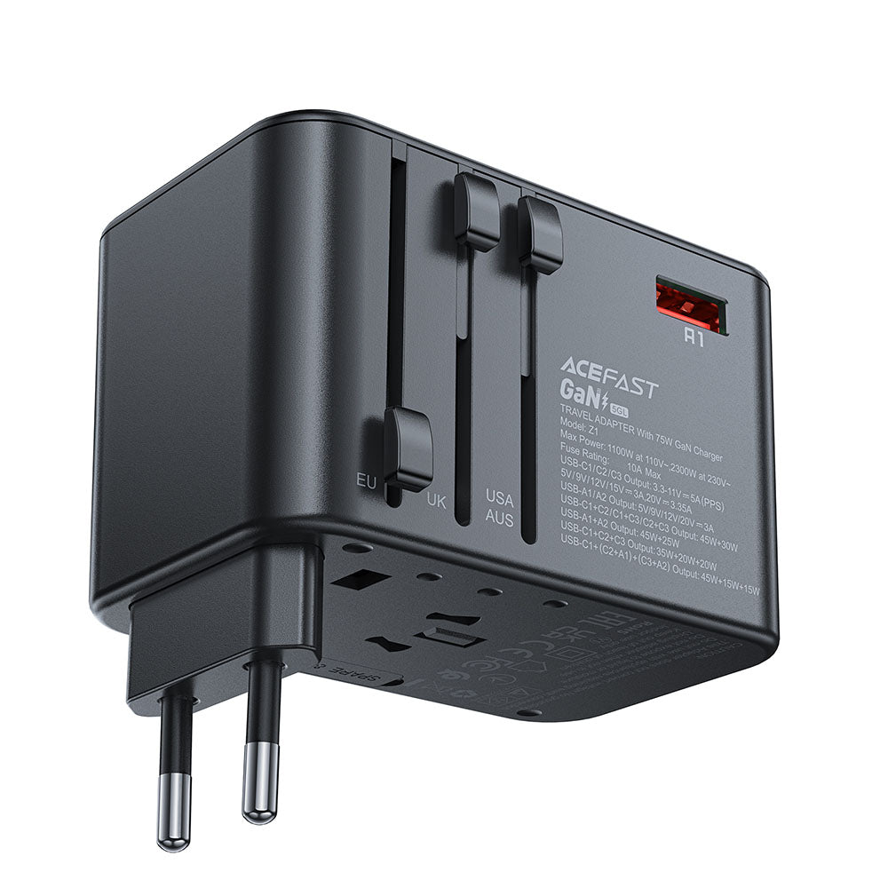 Incarcator Retea Acefast Travel Z1, 75W, 3.35A, 2 x USB-A - 3 x USB-C, Negru