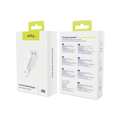 Incarcator Retea Allity. ATC-01-45WCC Fast, 45W, 3A, 2 x USB-C, Alb