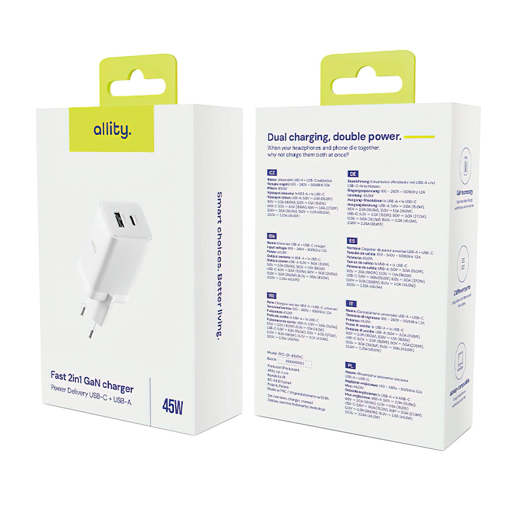 Incarcator Retea Allity. ATC-01-45WCC Fast, 45W, 3A, 1 x USB-A - 1 x USB-C, Alb