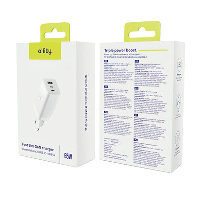 Incarcator Retea Allity. ATC-01-65WACC Fast, 65W, 3.25A, 1 x USB-A - 2 x USB-C, Alb