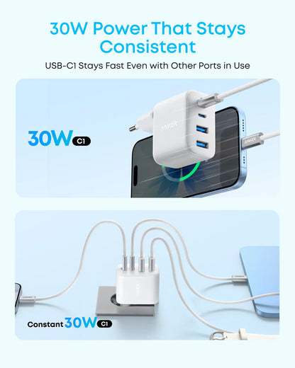 Incarcator Retea Anker Zolo, 50W, 3A, 2 x USB-A - 2 x USB-C, Alb