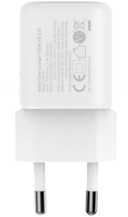 Incarcator Retea Anker Zolo, 30W, 3A, 1 x USB-C, Alb A2698G21
