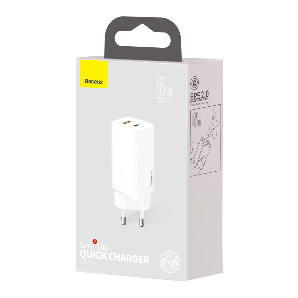 Incarcator Retea Baseus GaN2 Lite, 65W, 3A, 1 x USB-A - 1 x USB-C, Alb CCGAN2L-B02