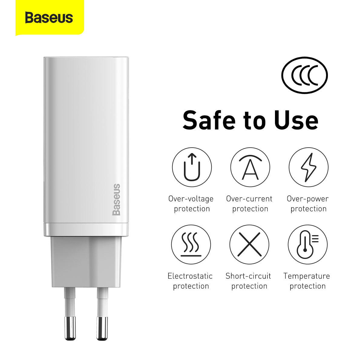 Incarcator Retea Baseus GaN2 Lite, 65W, 3A, 1 x USB-A - 1 x USB-C, Alb CCGAN2L-B02