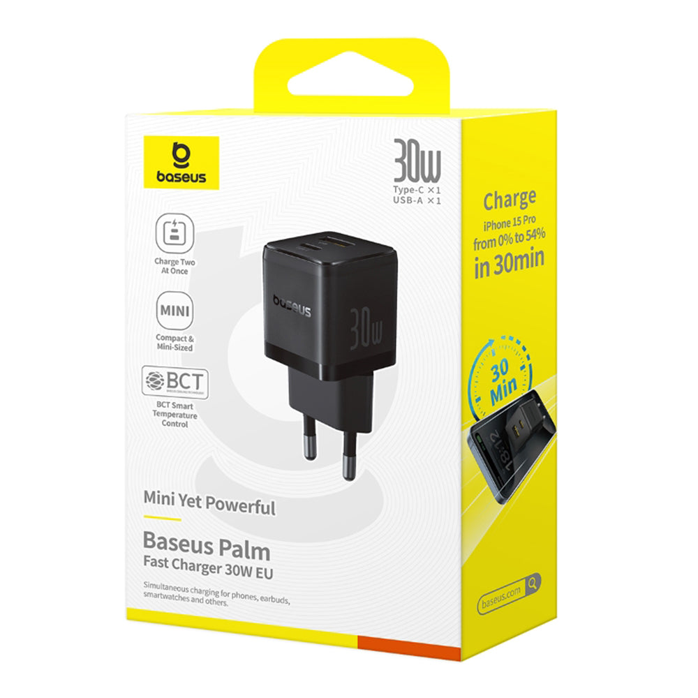 Incarcator Retea Baseus Palm, 30W, 3A, 1 x USB-A - 1 x USB-C, Negru P1011160A113-00