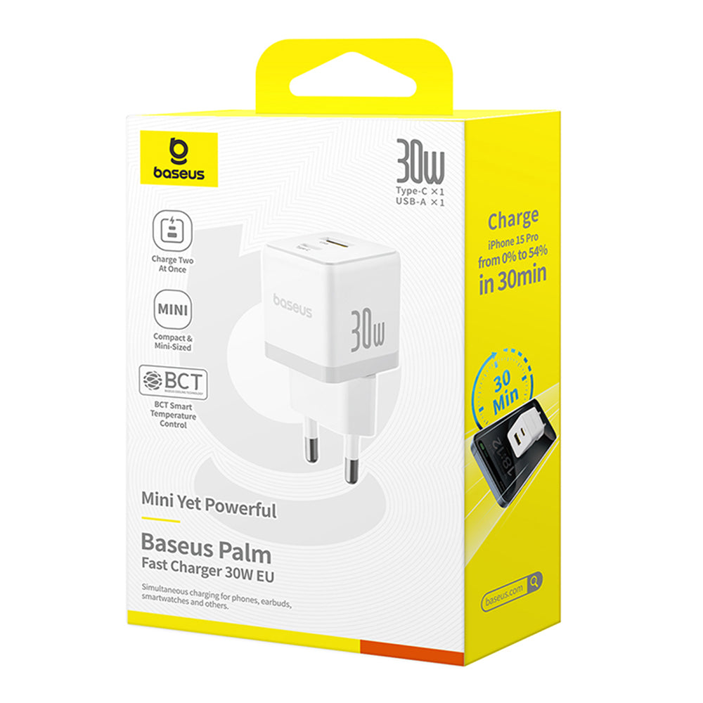 Incarcator Retea Baseus Palm, 30W, 3A, 1 x USB-A - 1 x USB-C, Alb P1011160A213-00