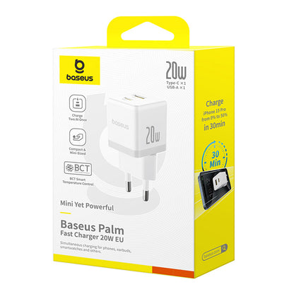 Incarcator Retea Baseus Palm, 20W, 3A, 1 x USB-A - 1 x USB-C, Alb CCZC20UE