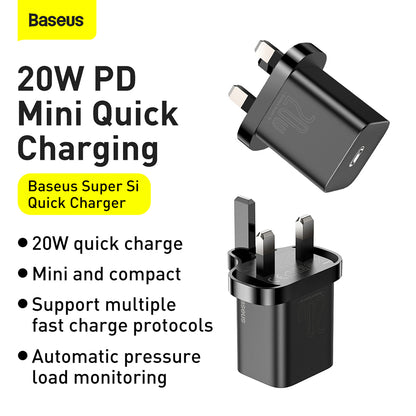 Incarcator Retea Baseus Super Si UK, 20W, 3A, 1 x USB-C, Negru CCSUP-K01