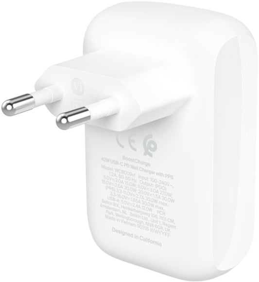 Incarcator Retea Belkin BoostCharge Dual, 42W, 3A, 1 x USB-A - 1 x USB-C, Alb WCB009vfWH