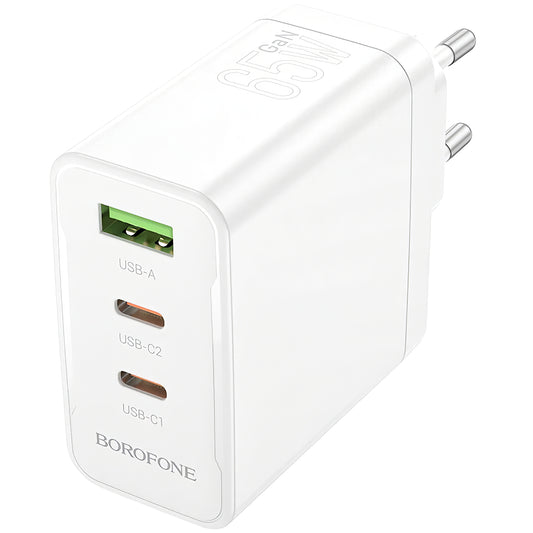 Ładowarka sieciowa Borofone BN12, 65W, 5A, 1 x USB-A - 2 x USB-C, biała