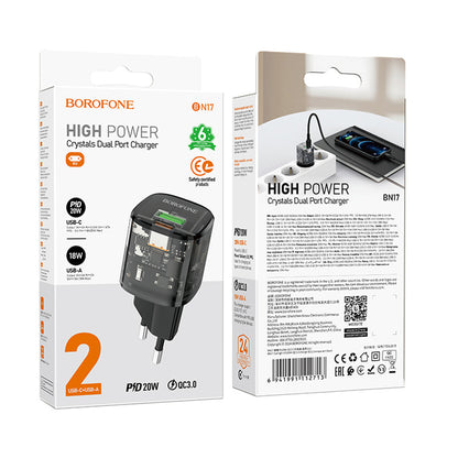 Incarcator Retea Borofone BN17 Sunlight, 20W, 3A, 1 x USB-A - 1 x USB-C, Negru